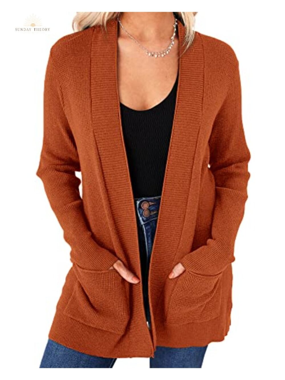Women's Open Front Knit Cardigan Long Sleeve Sweater with Pockets